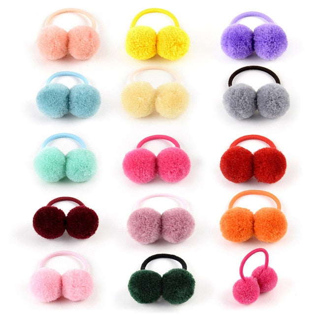 14pcs/lot 1.4" Small Solid Double Fur Ball With Elastic Rope Kids Hair Band - KiwisLove