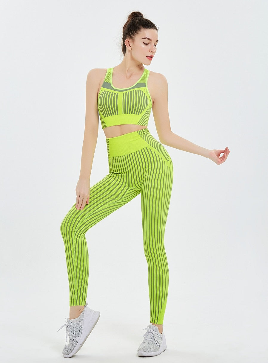 Women Yoga Suits Striped Seamless Sports Bras Leggings Gym Wear Running Tracksuit - KiwisLove