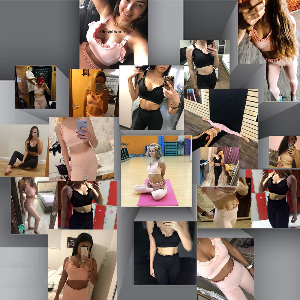 Women Yoga Set Fitness Tracksuit Ruffles Gym Wear Running Tank Top Leggings - KiwisLove