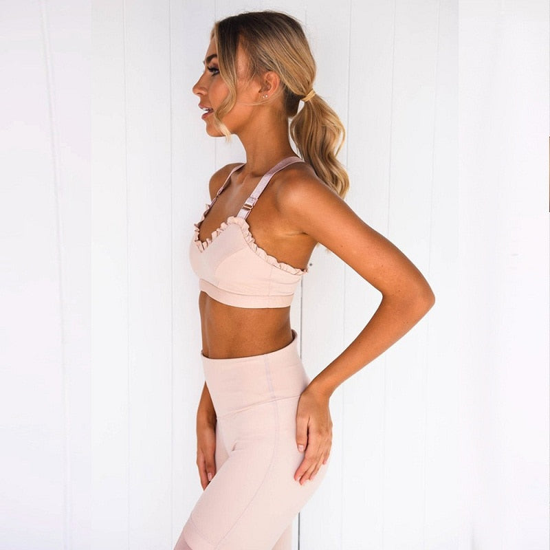 Women Yoga Set Fitness Tracksuit Ruffles Gym Wear Running Tank Top Leggings - KiwisLove