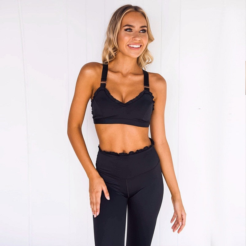 Women Yoga Set Fitness Tracksuit Ruffles Gym Wear Running Tank Top Leggings - KiwisLove
