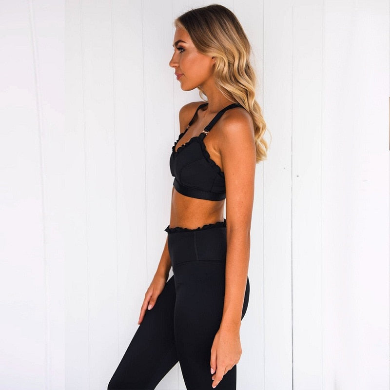 Women Yoga Set Fitness Tracksuit Ruffles Gym Wear Running Tank Top Leggings - KiwisLove