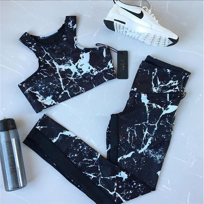 Women Gym Yoga Sets Fitness Tights Tank Top Leggings Print Wokout Tracksuit - KiwisLove