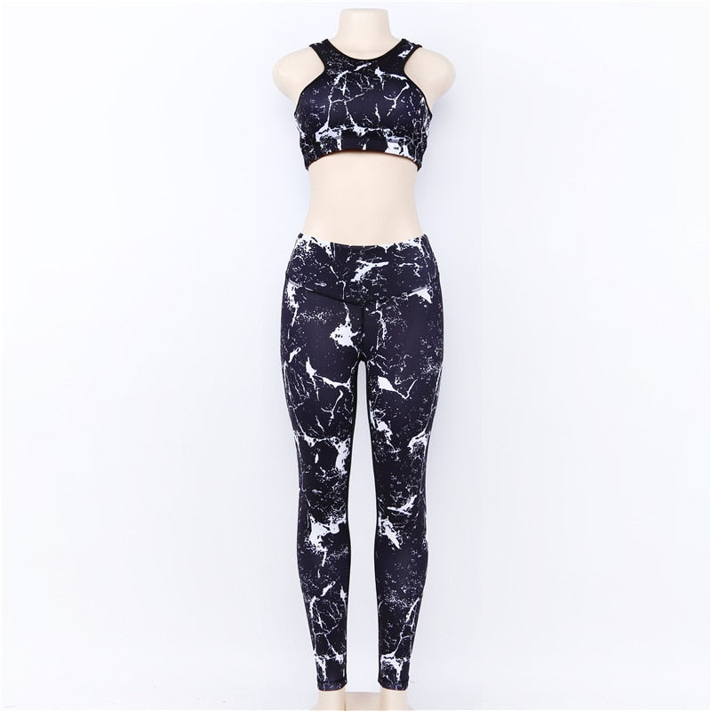 Women Gym Yoga Sets Fitness Tights Tank Top Leggings Print Wokout Tracksuit - KiwisLove