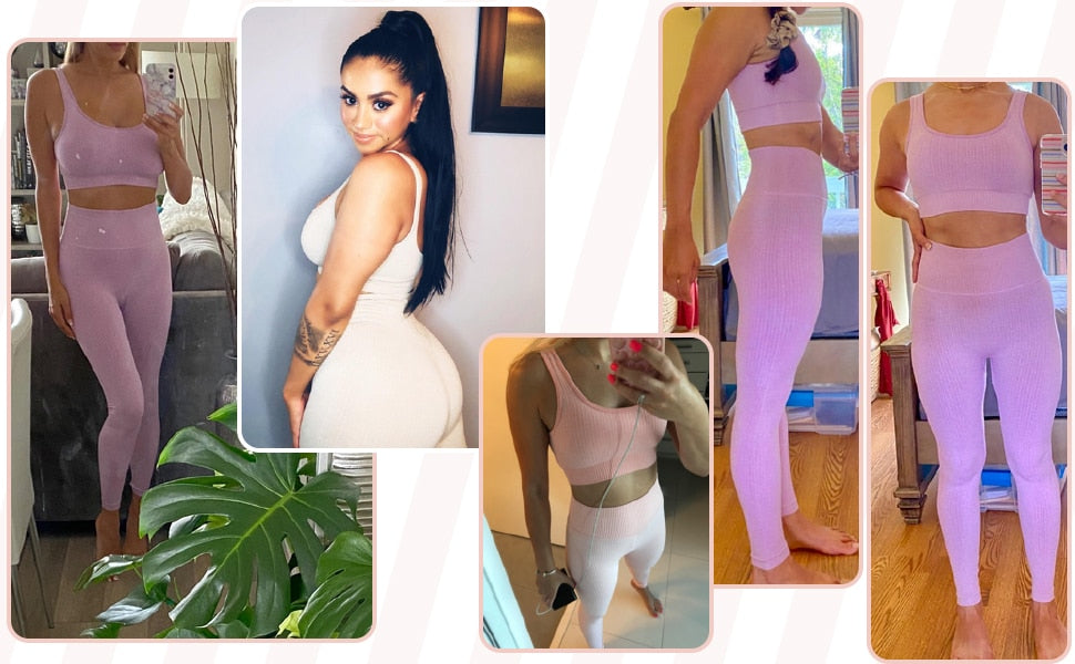 Ribbed Fitness Women Yoga Set Seamless Gym  Running Tank Top Leggings Tracksuit - KiwisLove