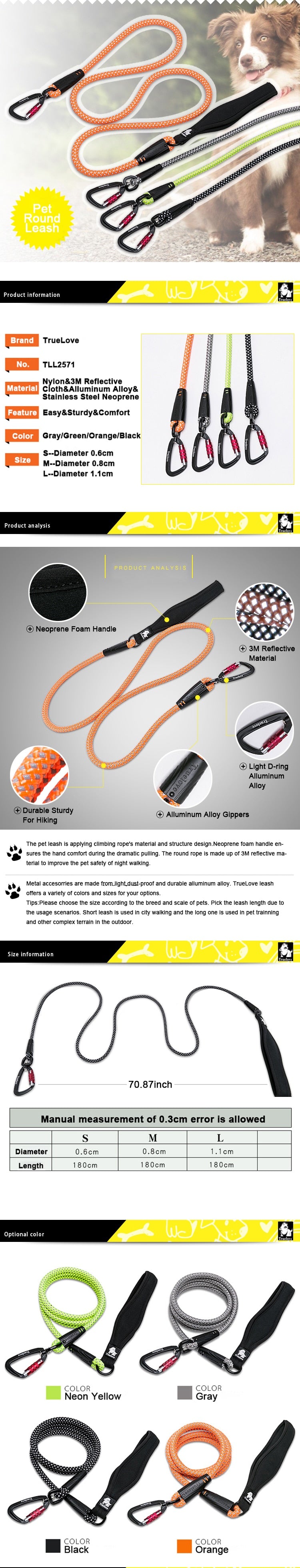 TrueLove Dog Pet Leash Reflective Aluminum -Alloy Hook Stainless Steel D-ring Neoprene Handle TLL2571 - KiwisLove