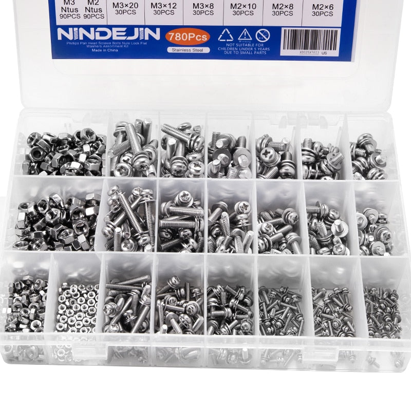 780PCS Phillips Pan Round Head Screws Set With Nut Flat Lock Washers - KiwisLove