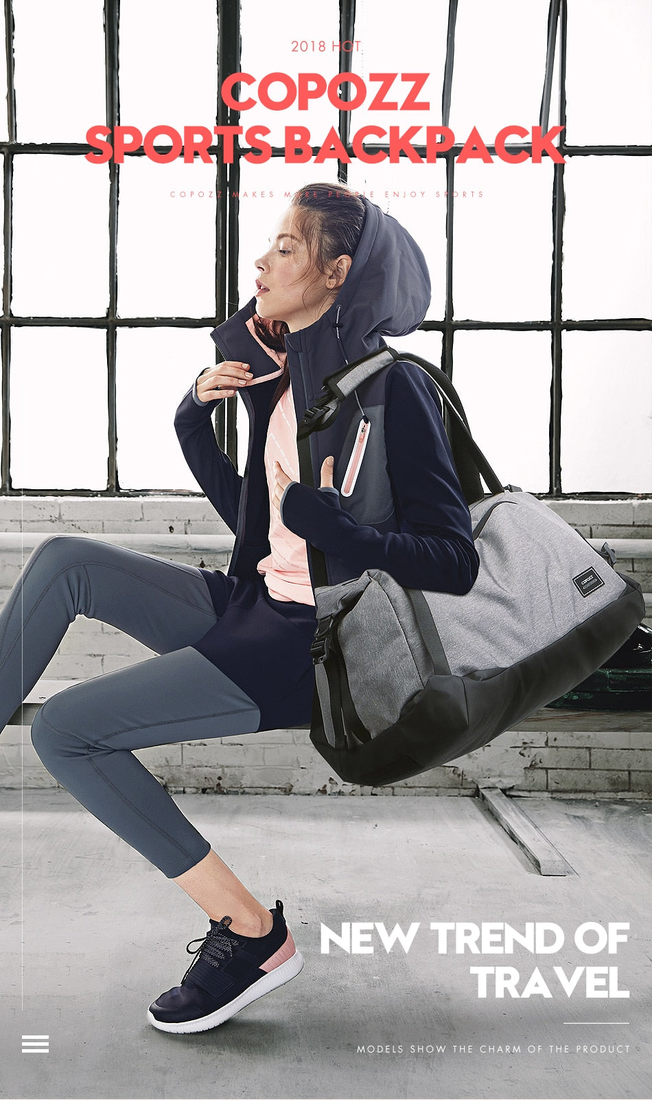 COPOZZ Gym Bag USB Charging Shoe Compartment 35-55L Capacity Gray - KiwisLove