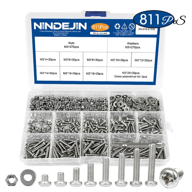 NINDEJIN Cross Recessed Round Head Screw Nut Washer Stainless Steel - KiwisLove