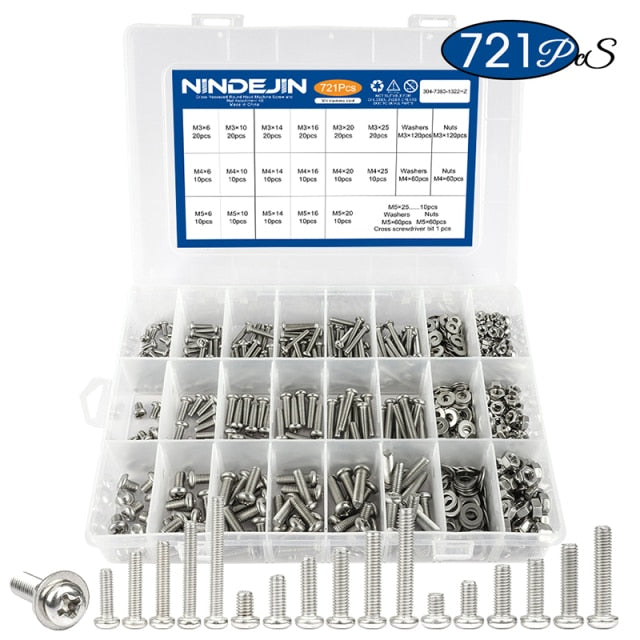 NINDEJIN Cross Recessed Round Head Screw Nut Washer Stainless Steel - KiwisLove