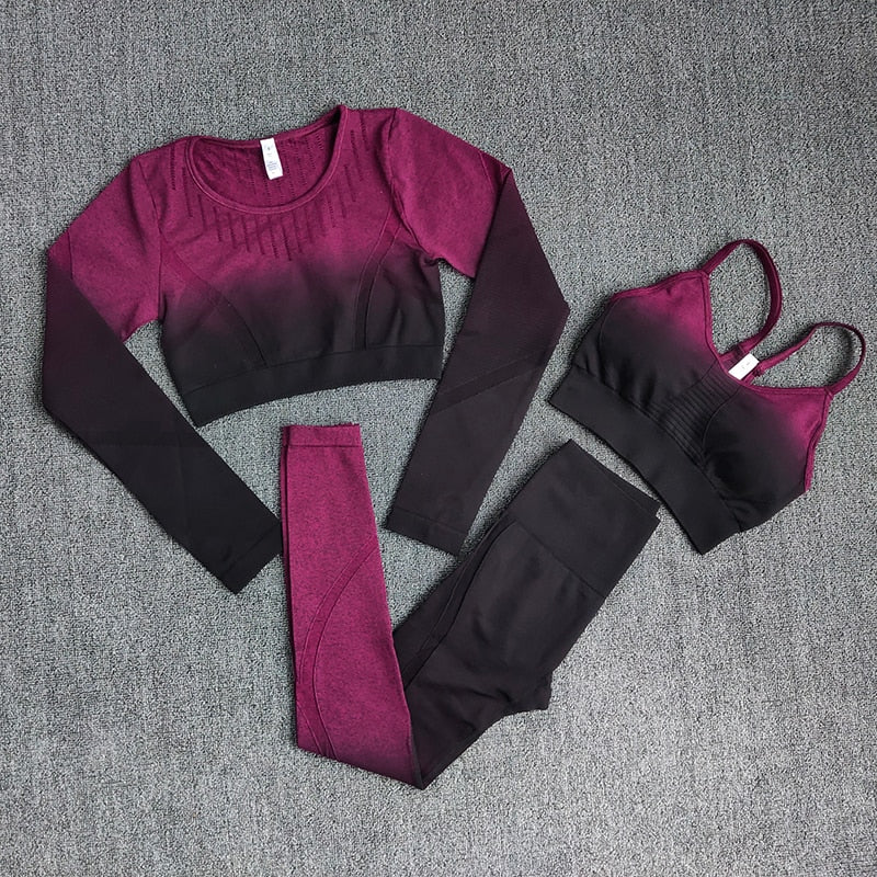 Women Yoga Set Workout Long Sleeve Crop Top Sports Bra Seamless Leggings Gym - KiwisLove