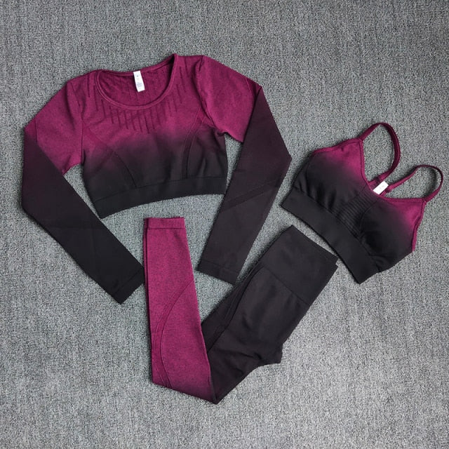 Women Yoga Set Workout Long Sleeve Crop Top Sports Bra Seamless Leggings Gym - KiwisLove