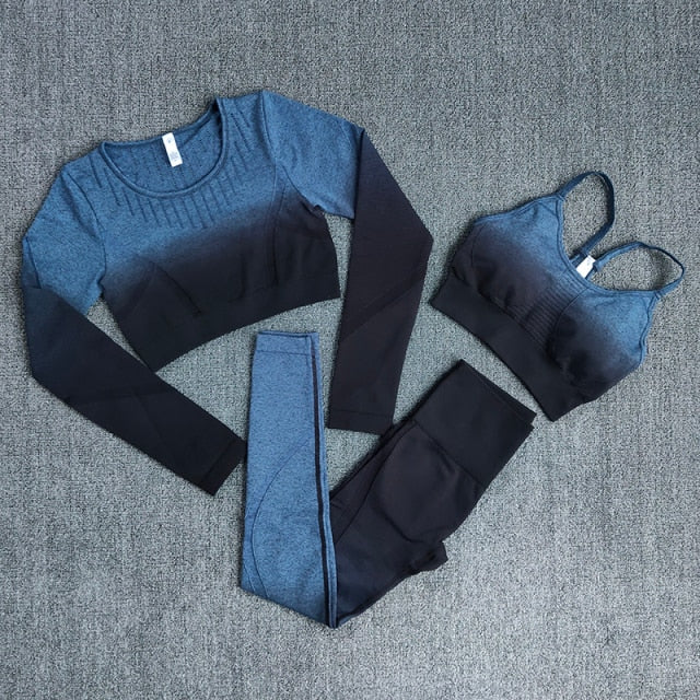 Women Yoga Set Workout Long Sleeve Crop Top Sports Bra Seamless Leggings Gym - KiwisLove
