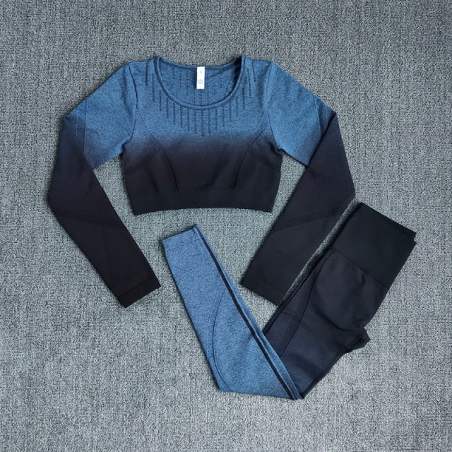 Women Yoga Set Workout Long Sleeve Crop Top Sports Bra Seamless Leggings Gym - KiwisLove