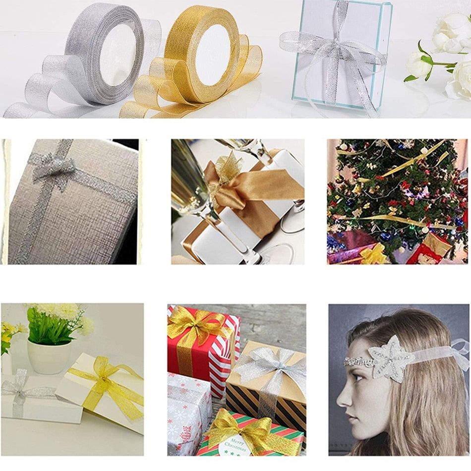 25Yards/Roll Wedding Gift Wrapping satin Ribbons Bow for Crafts DIY Gold onion Glitter Organza Ribbons Christmas Decoration Home - KiwisLove