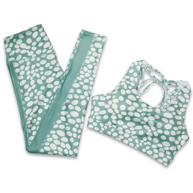 Women Yoga Set Dotted Tracksuit Gym Wear Running Tank Top Leggings Fitness Ensemble - KiwisLove