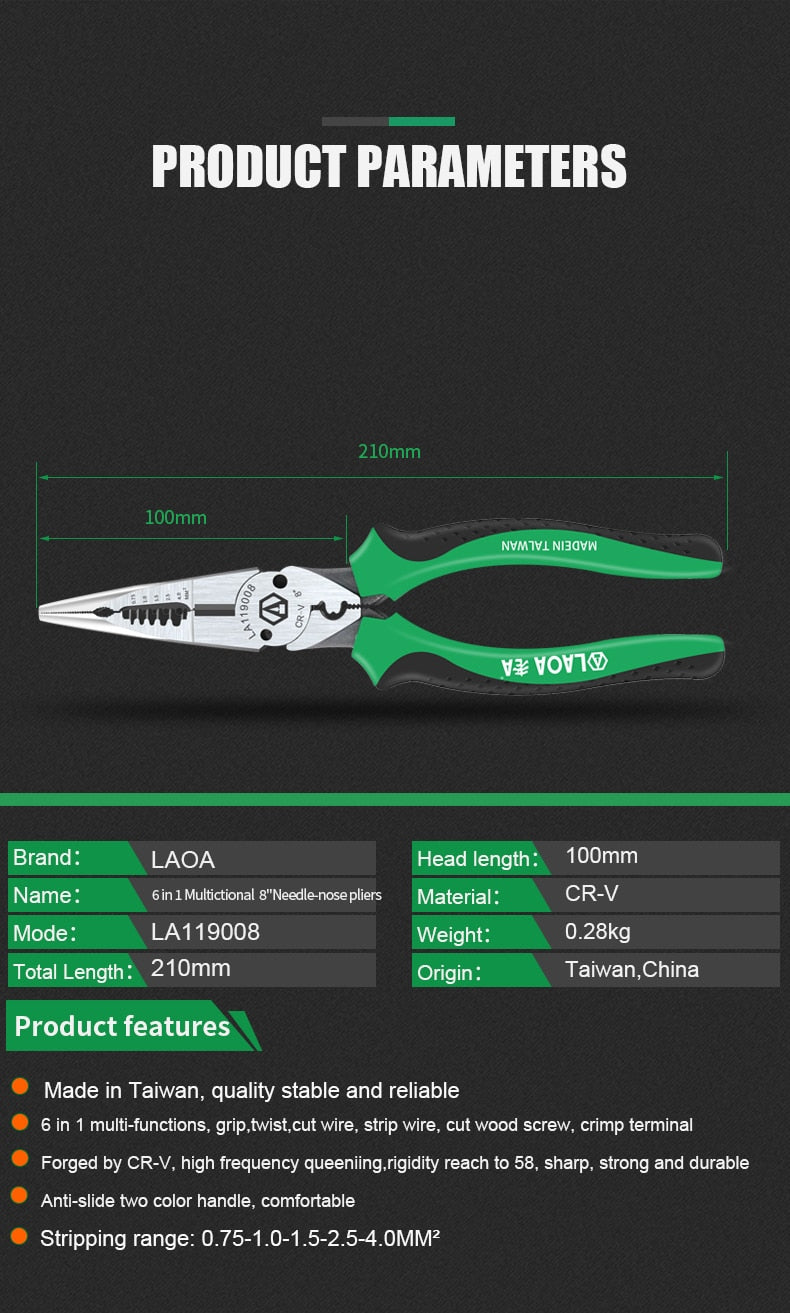 LAOA 8inch Needle Nose Pliers Wire Cutter Wire Stripper Crimping Electirc - KiwisLove