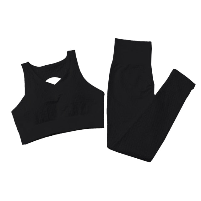 Solid Women Yoga Sets Fitness Pants Tank Top Bras Suits Gym Seamless Mesh Leggings Running - KiwisLove