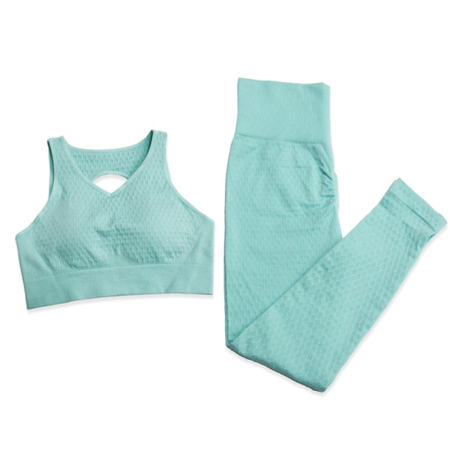 Solid Women Yoga Sets Fitness Pants Tank Top Bras Suits Gym Seamless Mesh Leggings Running - KiwisLove