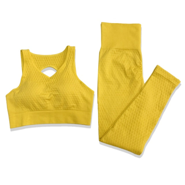 Solid Women Yoga Sets Fitness Pants Tank Top Bras Suits Gym Seamless Mesh Leggings Running - KiwisLove