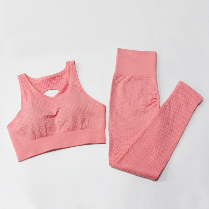 Solid Women Yoga Sets Fitness Pants Tank Top Bras Suits Gym Seamless Mesh Leggings Running - KiwisLove