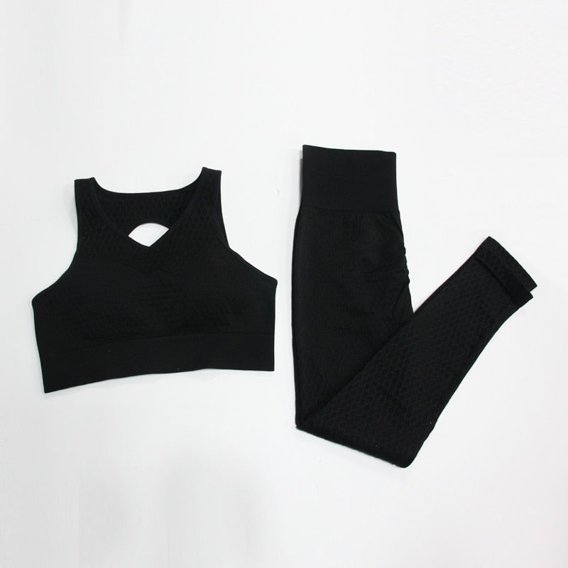 Solid Women Yoga Sets Fitness Pants Tank Top Bras Suits Gym Seamless Mesh Leggings Running - KiwisLove