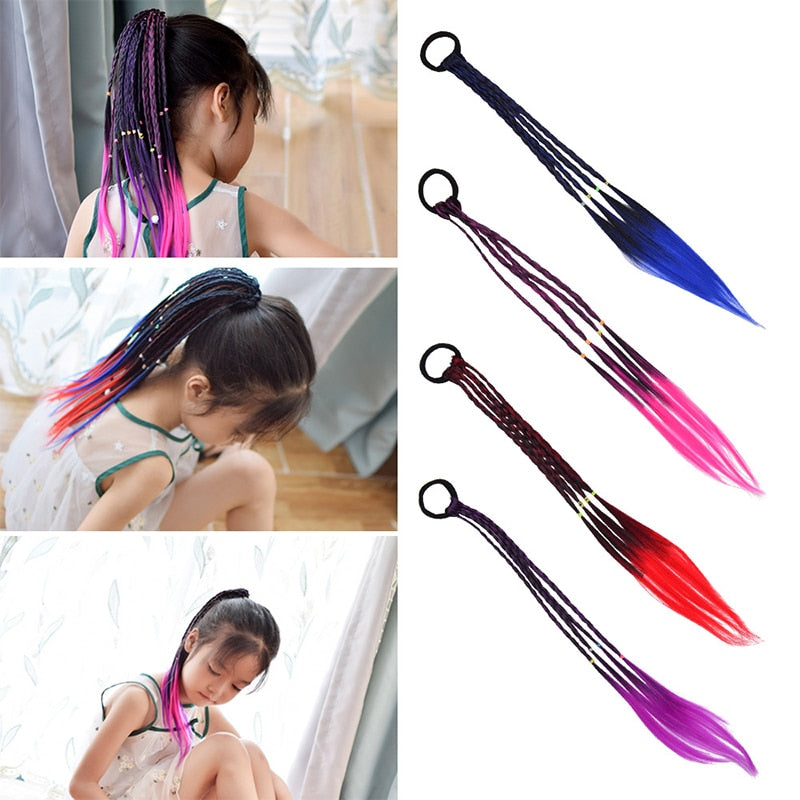 Girls Colorful Wigs Ponytail Hair Ornament Headbands Rubber Bands - KiwisLove
