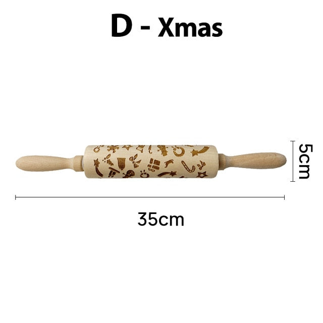 Christmas Embossing Rolling Pin Baking Cookies Noodle Biscuit Fondant Cake Dough Engraved Roller Reindeer Elk 35*5cm - KiwisLove
