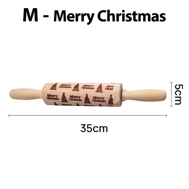 Christmas Embossing Rolling Pin Baking Cookies Noodle Biscuit Fondant Cake Dough Engraved Roller Reindeer Elk 35*5cm - KiwisLove