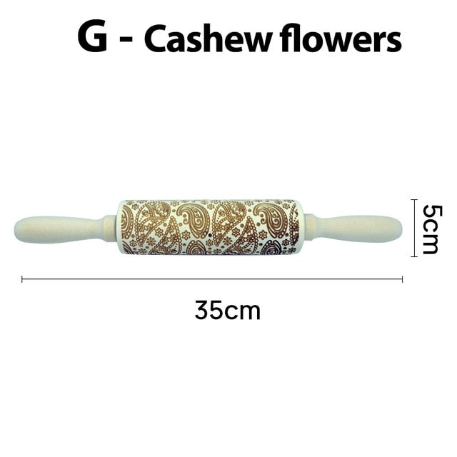 Embossing Rolling Pin Baking Cookies Noodle Biscuit Fondant Cake Dough Engraved Roller Cashew Flowers 35*5cm - KiwisLove