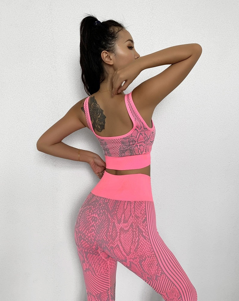 Snakeskin Women Yoga Set Seamless Legging Fitness Sports Bras and Pants Gym - KiwisLove