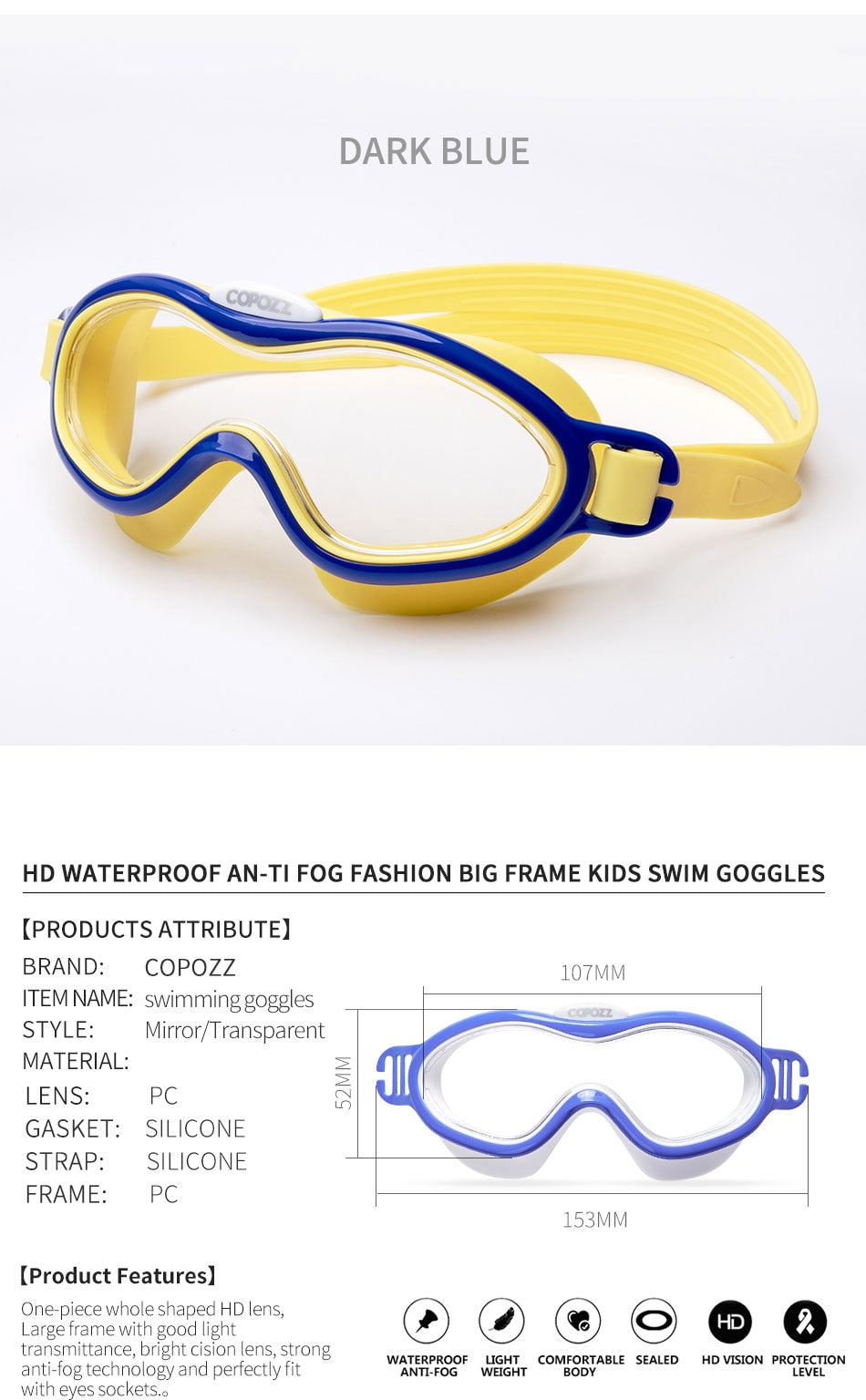 COPOZZ Kids Boy Girl Swim Goggles Anti Fog Big Frame Eyewear Waterproof - KiwisLove