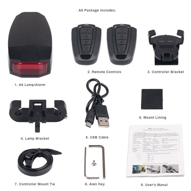 Bicycle Rear Light + Anti-theft Alarm USB Charge Wireless Remote Control LED Tail Lamp Bike Finder Lantern Horn Siren Warning A6 - KiwisLove