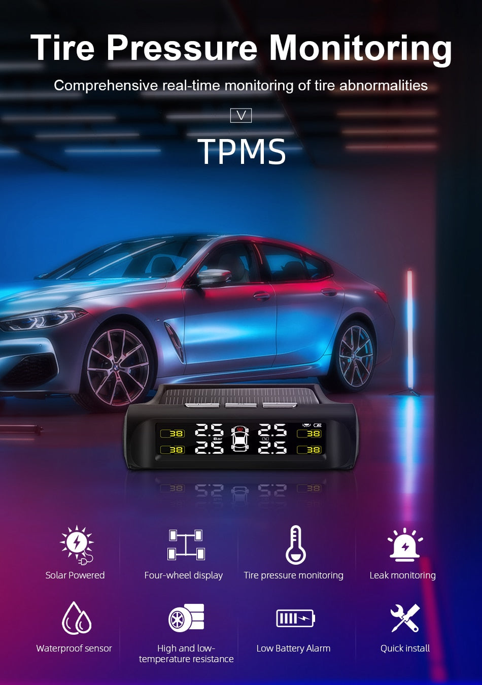 TPMS Tyre Pressure Monitoring System Solar Power Digital LCD Display Auto Security Alarm Systems Tyre Pressure - KiwisLove