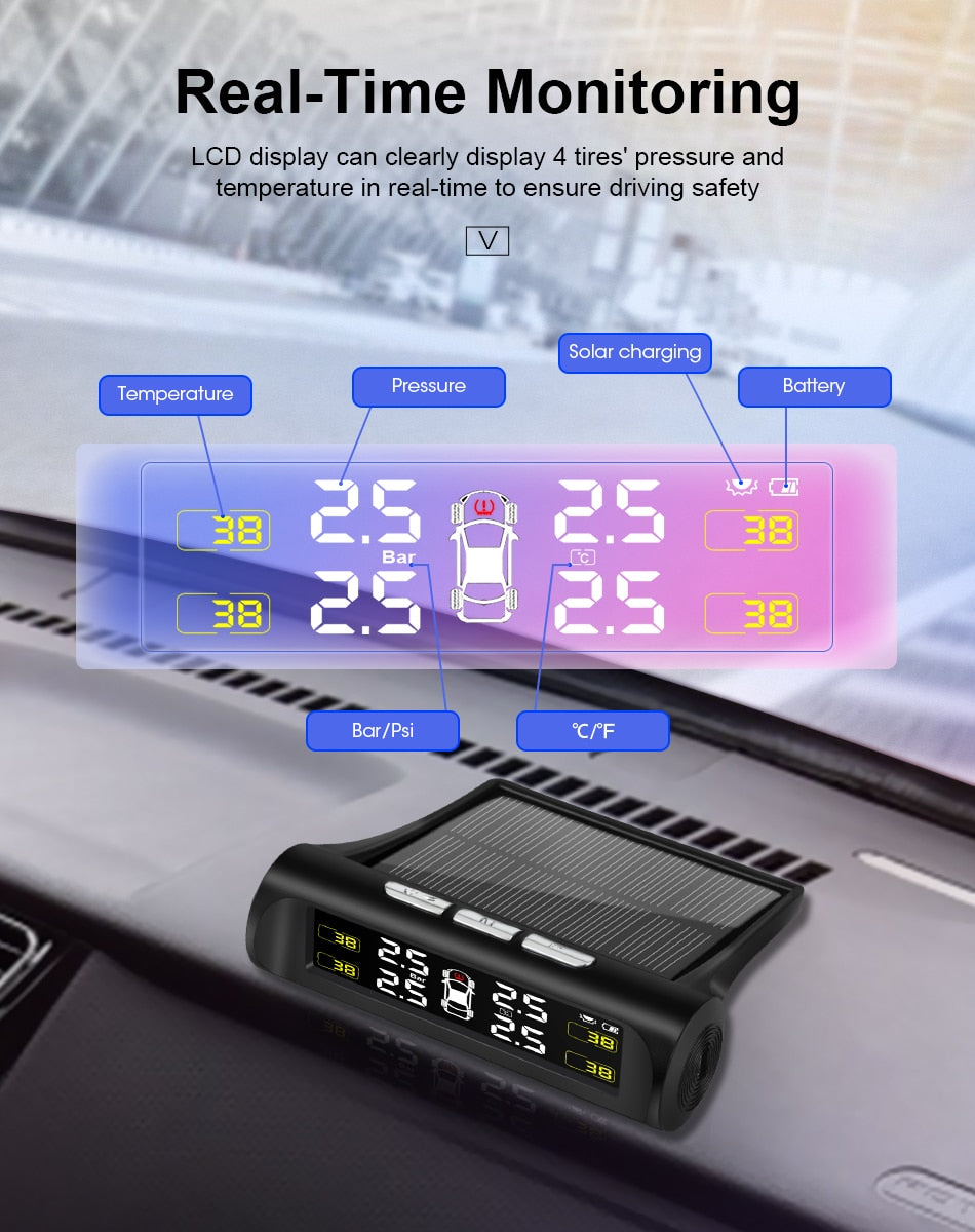 TPMS Tyre Pressure Monitoring System Solar Power Digital LCD Display Auto Security Alarm Systems Tyre Pressure - KiwisLove