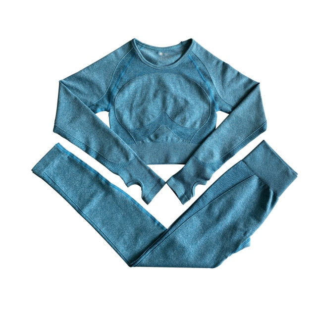 Women Sets Yoga Seamless Fitness Suits Long Sleeve Shirts Shorts Gym Wear Running - KiwisLove