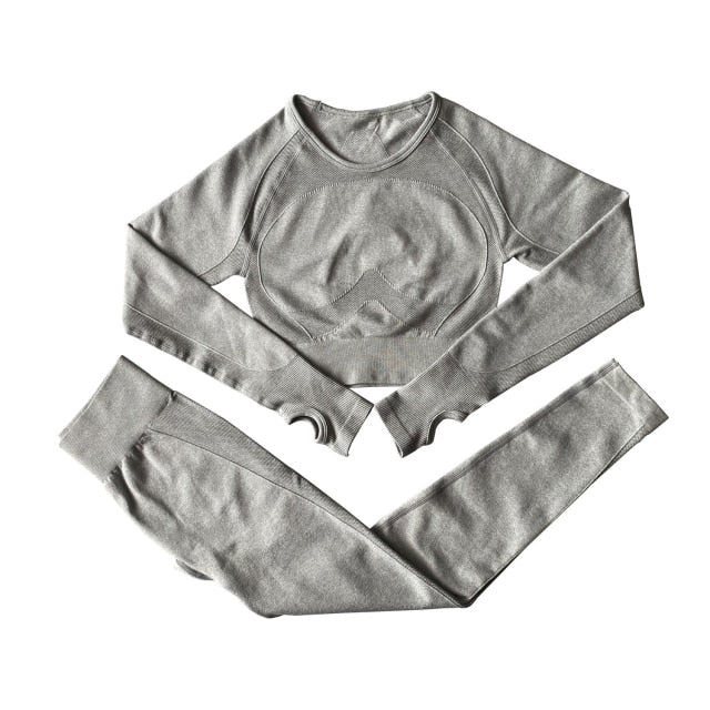 Women Sets Yoga Seamless Fitness Suits Long Sleeve Shirts Shorts Gym Wear Running - KiwisLove