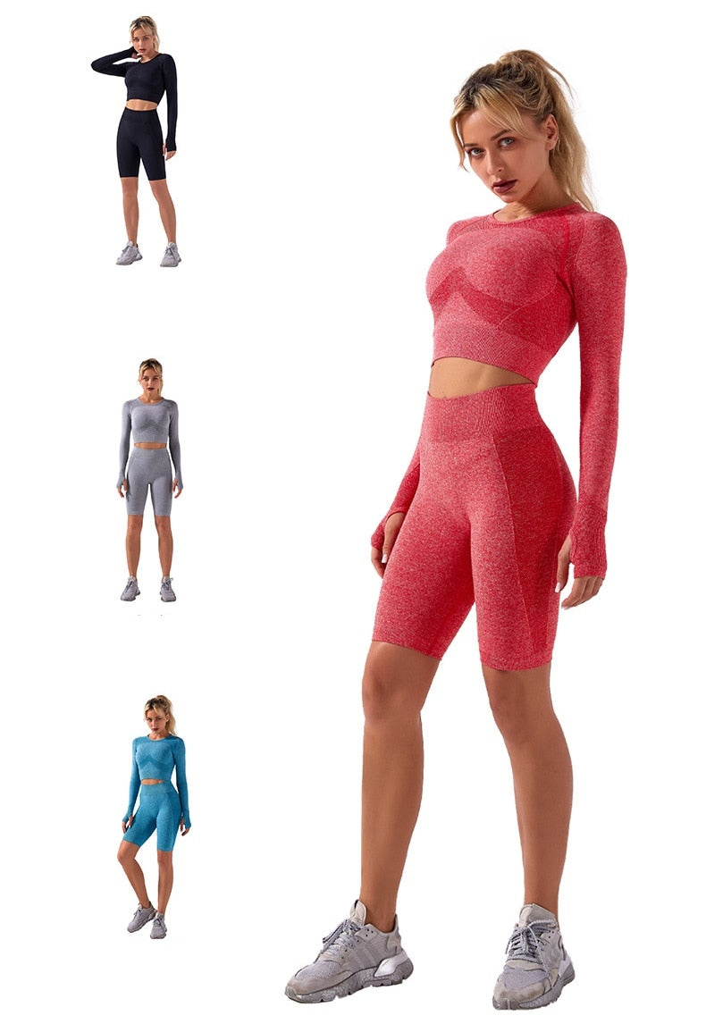 Women Sets Yoga Seamless Fitness Suits Long Sleeve Shirts Shorts Gym Wear Running - KiwisLove