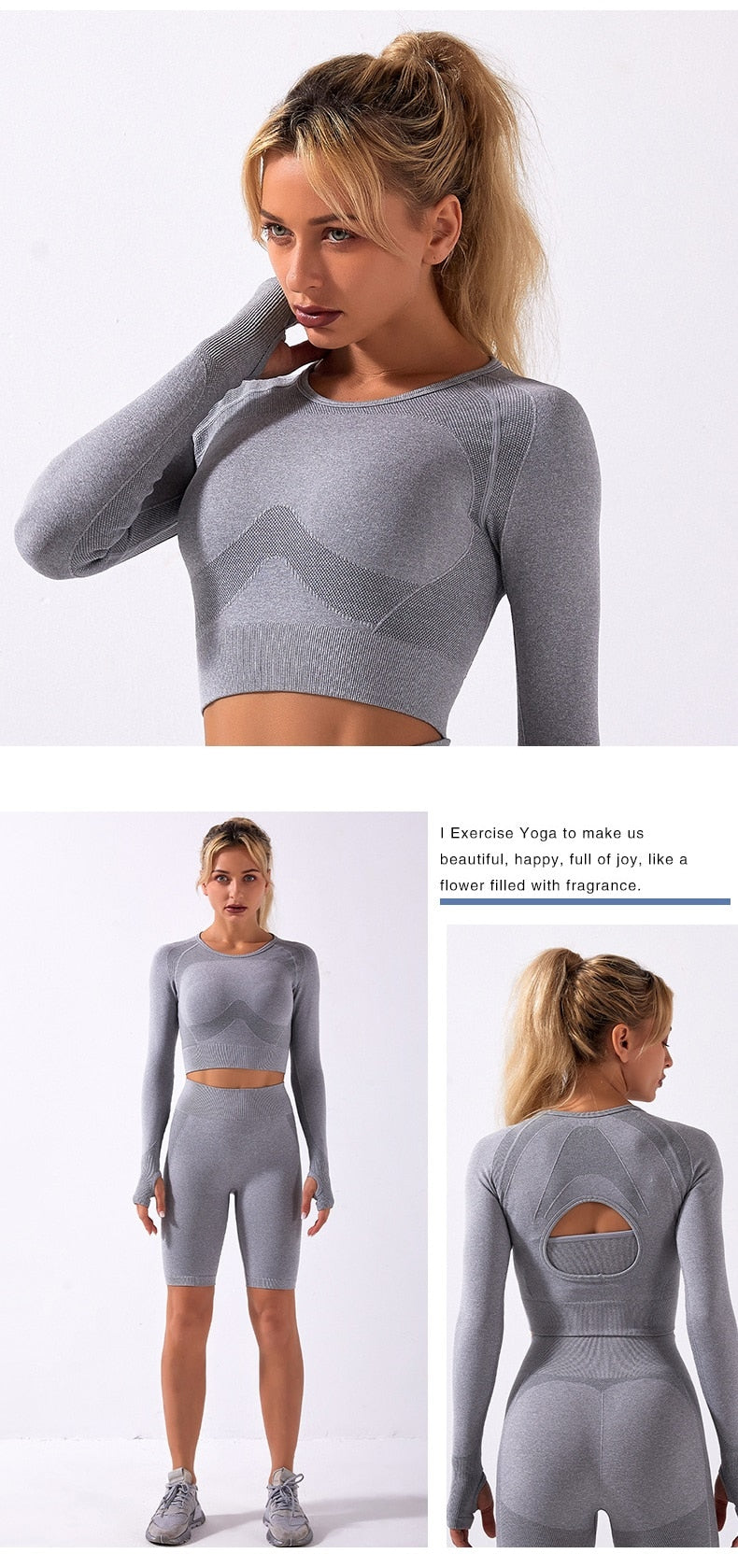 Women Sets Yoga Seamless Fitness Suits Long Sleeve Shirts Shorts Gym Wear Running - KiwisLove