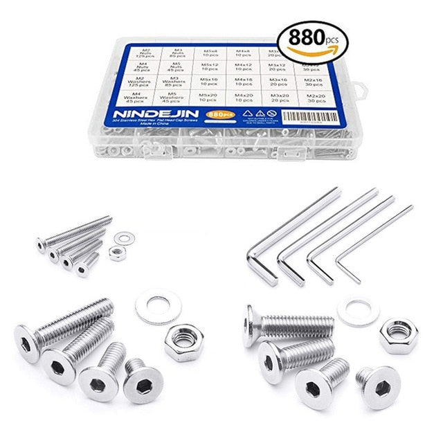 NINDEJIN 880pcs Hex Socket  Hexagon Flat Round Cap Head Cap Screw Set - KiwisLove