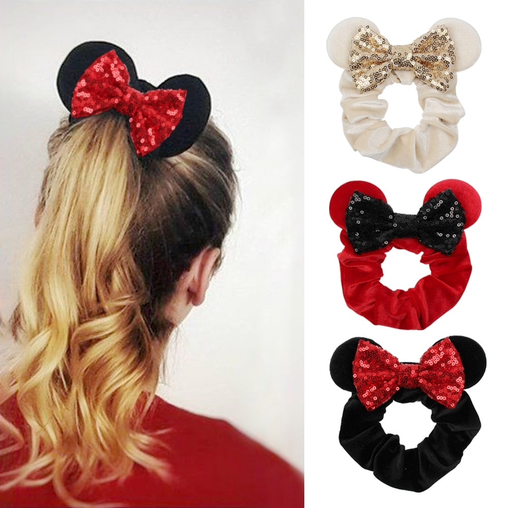 2021 New  Pretty Mouse Ears Sequins Hair Bow Women Velvet Scrunchies - KiwisLove