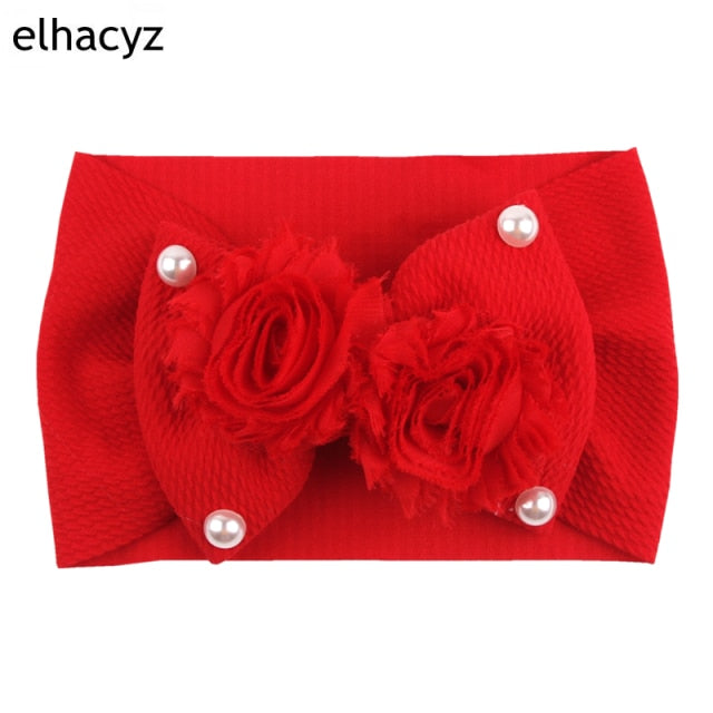 2021 NEW Big Bow Headband Pearl Flower Turban Girls Fabric Elastic Hair Band - KiwisLove