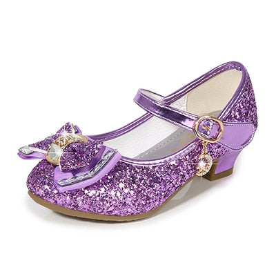 Princess Kids Leather Shoes Flower Casual Glitter High Heel Girls Shoes Butterfly Knot - KiwisLove