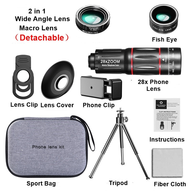 Tongdaytech 28X HD Mobile Phone Camera Lens Telescope Zoom Macro Lens for Iphone Samsung Smartphone Fish Eye Lente Para Celular - KiwisLove