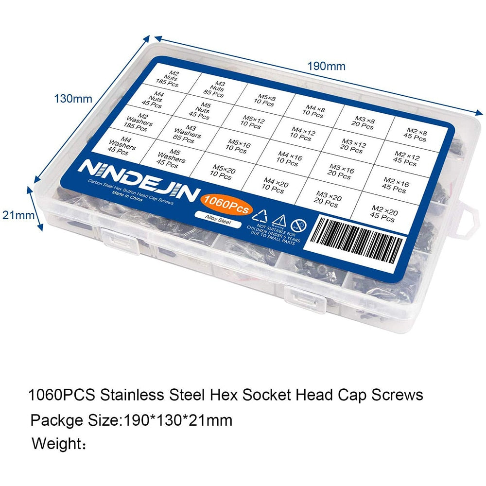 1060pcs M2 M3 M4 M5 Hex Socket Screw Set Carbon Steel Bolts  Nuts - KiwisLove