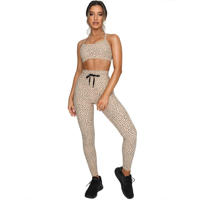 Women Fitness Set Outfits Dot Print High Waist Legging Pad Bra Breathable - KiwisLove