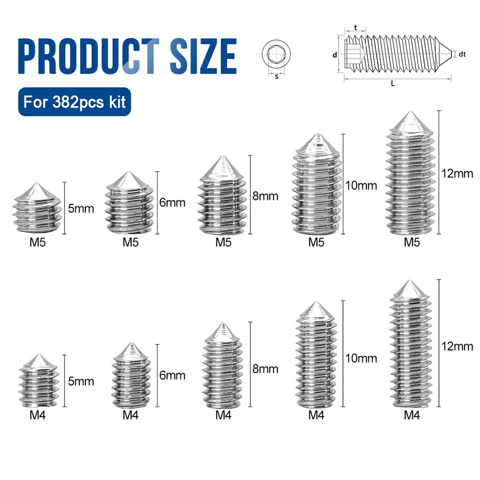 382pcs Hex hexagon socket cone point screw assortment kit grub with key - KiwisLove