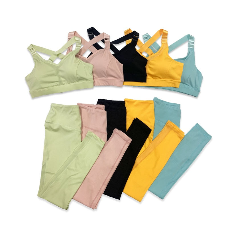 Women Yoga Sets Sports Cross Top Bra Legging Fitness Gym Wear Running Clothing - KiwisLove