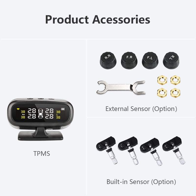 Solar TPMS Car Tire Pressure Alarm Monitor  Display Intelligent Temperature Warning Fuel Save 4 Sensors - KiwisLove