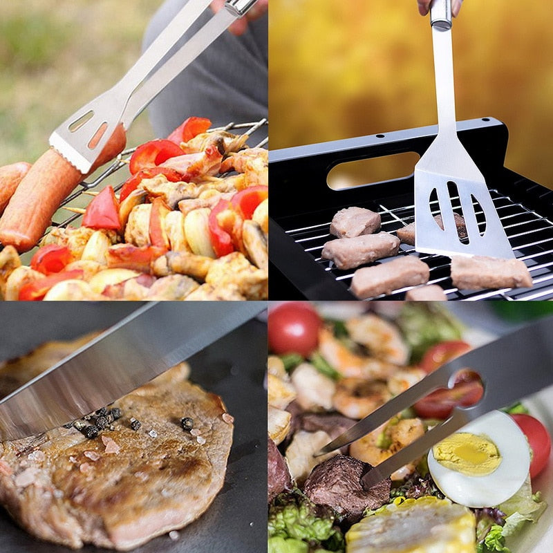 Stainless Steel BBQ Tools Set spatula fork tongs knife brush skewers  Grilling Utensil - KiwisLove